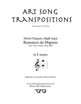 Book cover for DUPARC: Romance de Mignon (transposed to E major)