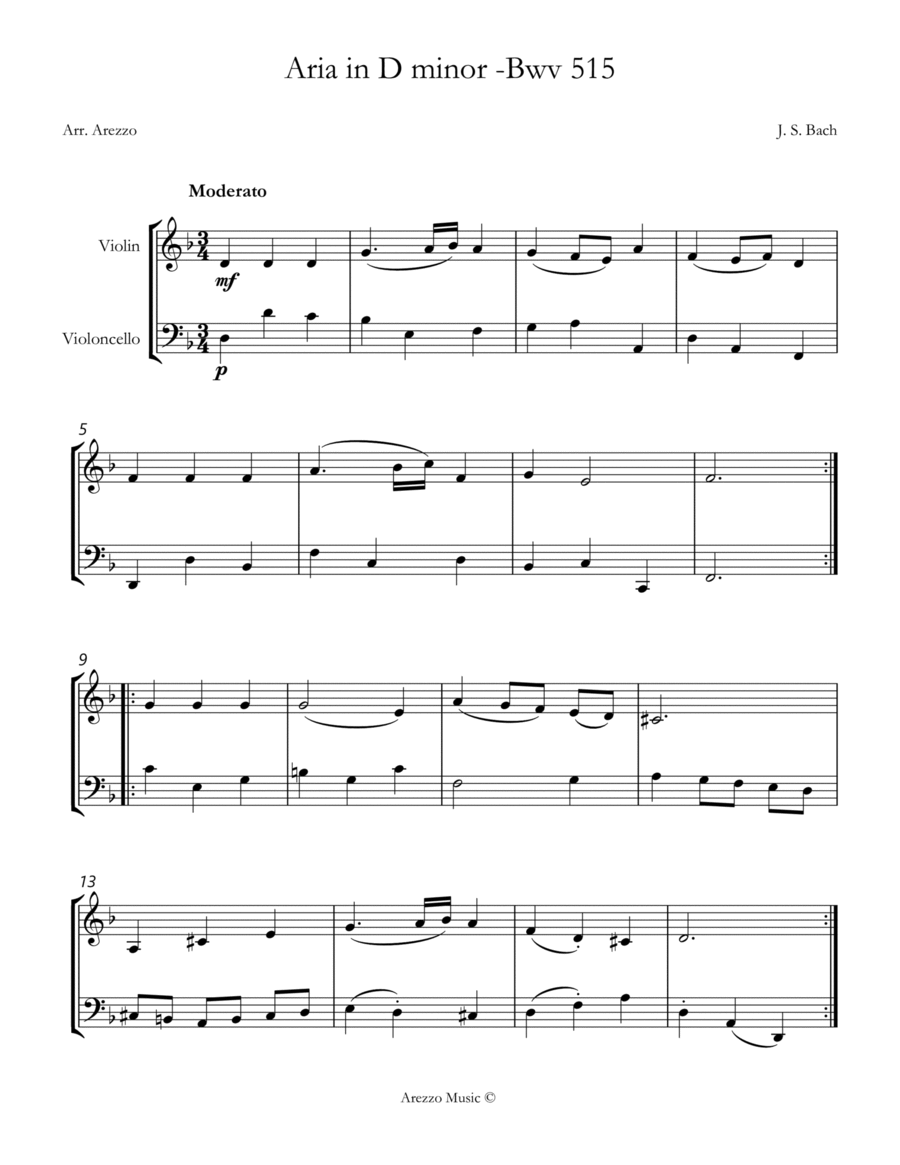 Aria D minor BWV 515 Violin and Cello Sheet Music String Duet scores gallery preview page 1