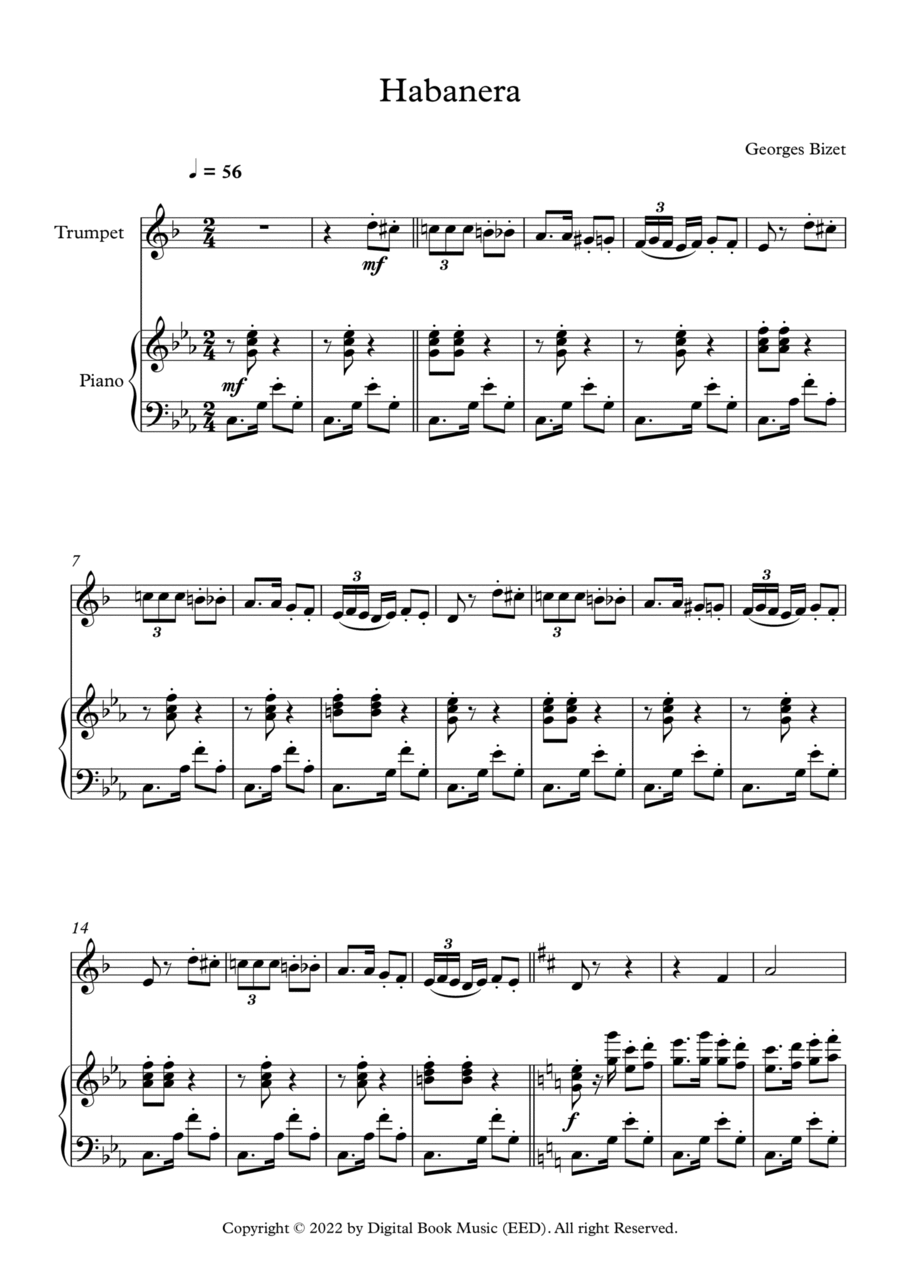 Habanera - Georges Bizet (Trumpet + Piano) B-Flat Trumpet scores gallery preview page 1