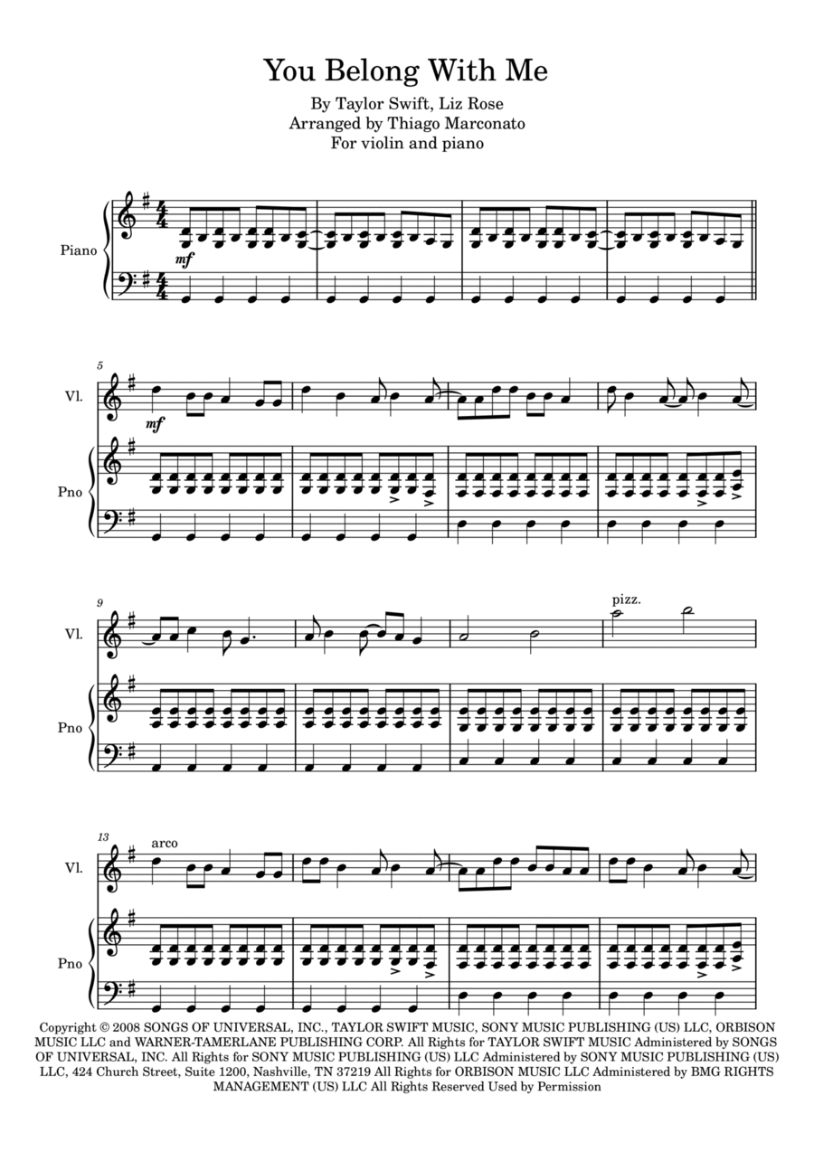 You Belong With Me Violin Solo scores gallery preview page 1