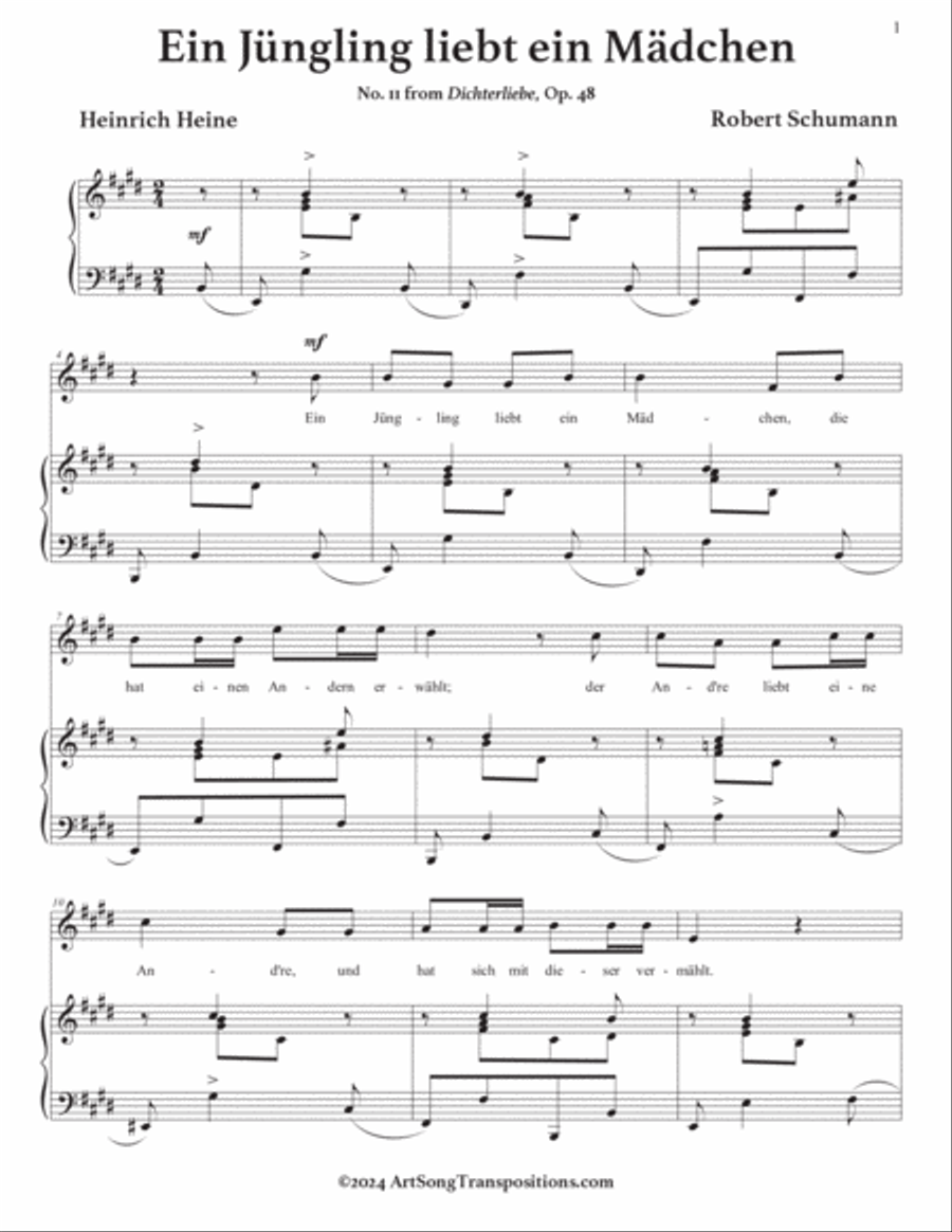 SCHUMANN: Ein Jüngling liebt ein Mädchen, Op. 48 no. 11 (transposed to E major) Voice scores gallery preview page 2