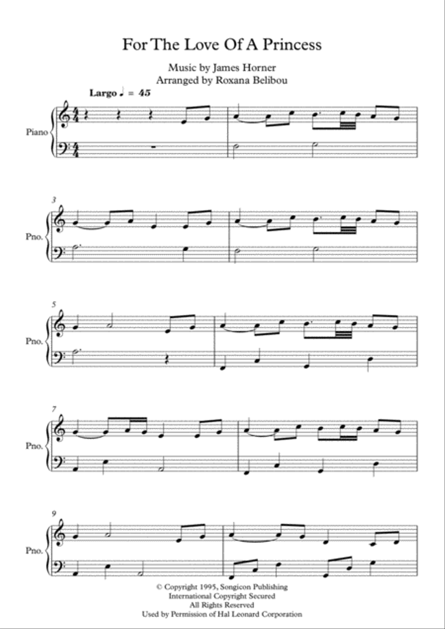 For The Love Of A Princess from the Twentieth Century Fox Motion Picture BRAVEHEART Easy Piano scores gallery preview page 1
