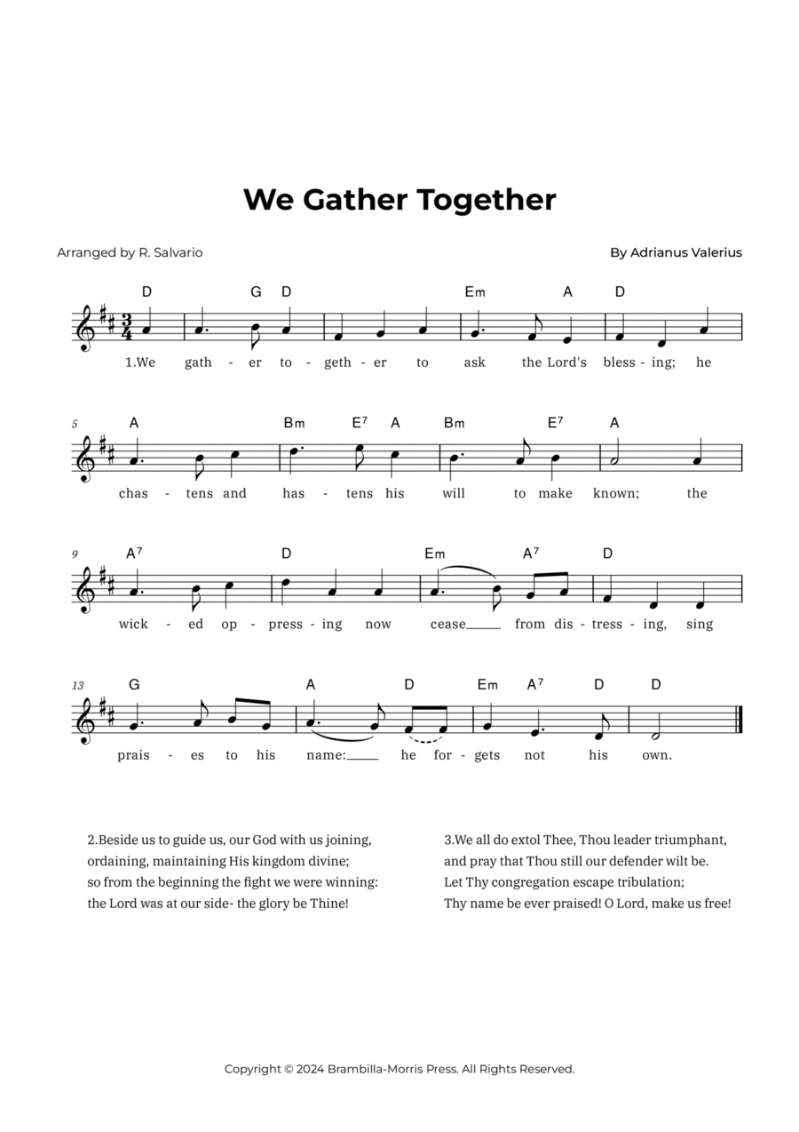 We Gather Together (Key of D Major) Piano scores gallery preview page 1