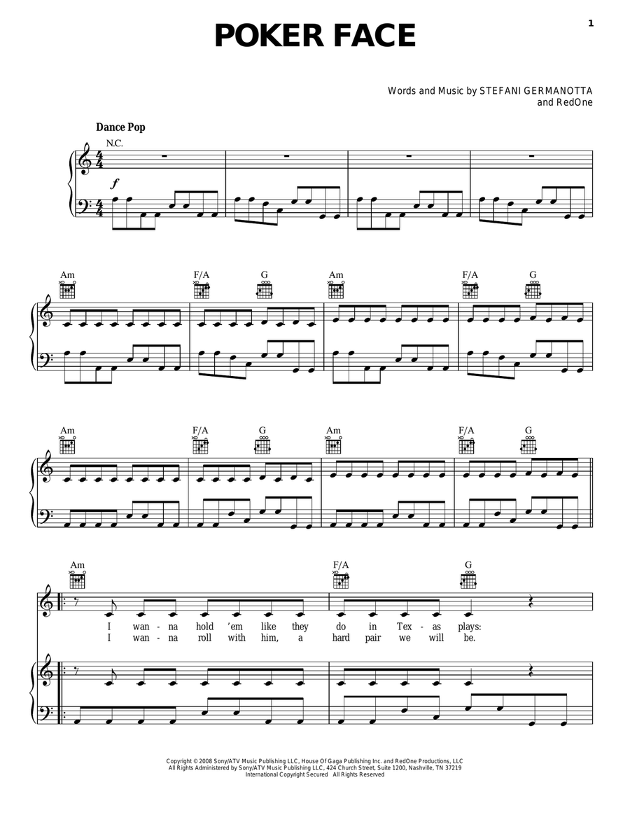 Poker Face Piano, Vocal, Guitar scores gallery preview page 1