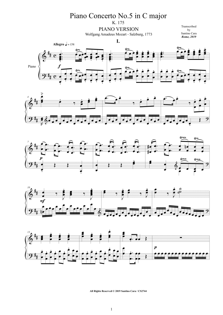 Mozart - Piano Concerto No.5 in D major K 175 - Complete Piano Version Piano Solo scores gallery preview page 1