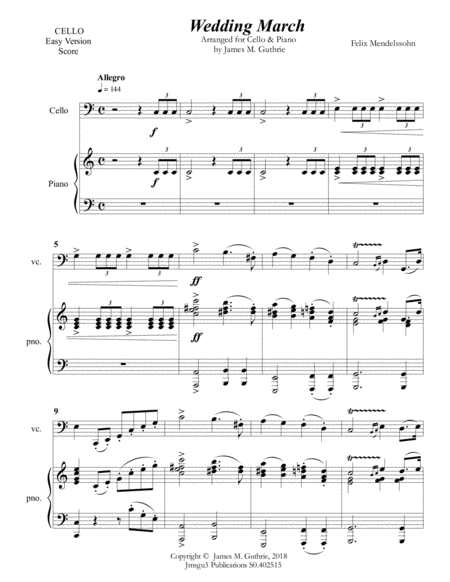 Mendelssohn: Wedding March for Cello & Piano - Easy Version image number null