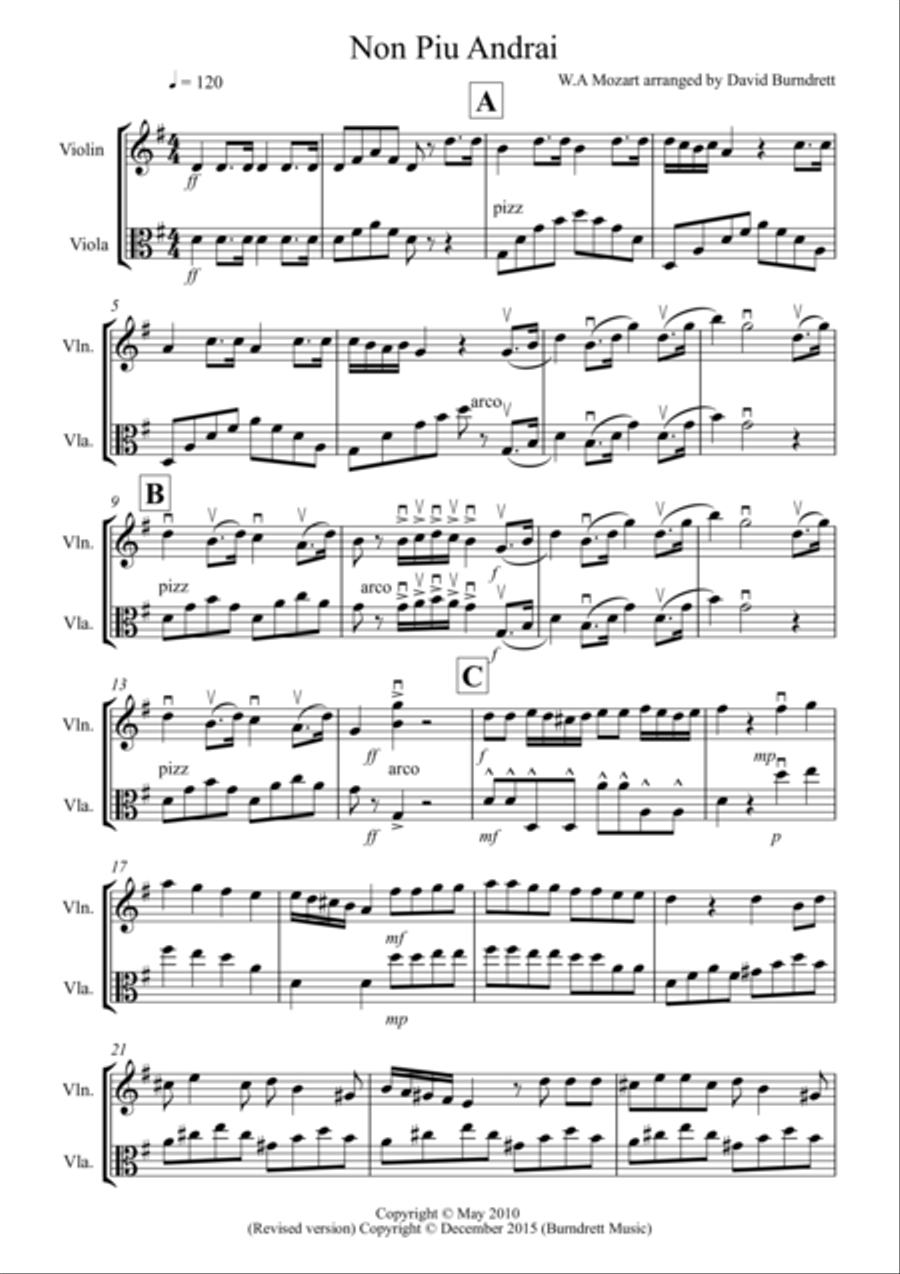 Non Più Andrai for Violin and Viola Duet