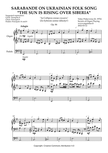 Sarabande on Ukrainian Folk Song "The Sun Is Rising Over Siberia", Op. 86 (Organ Solo) image number null