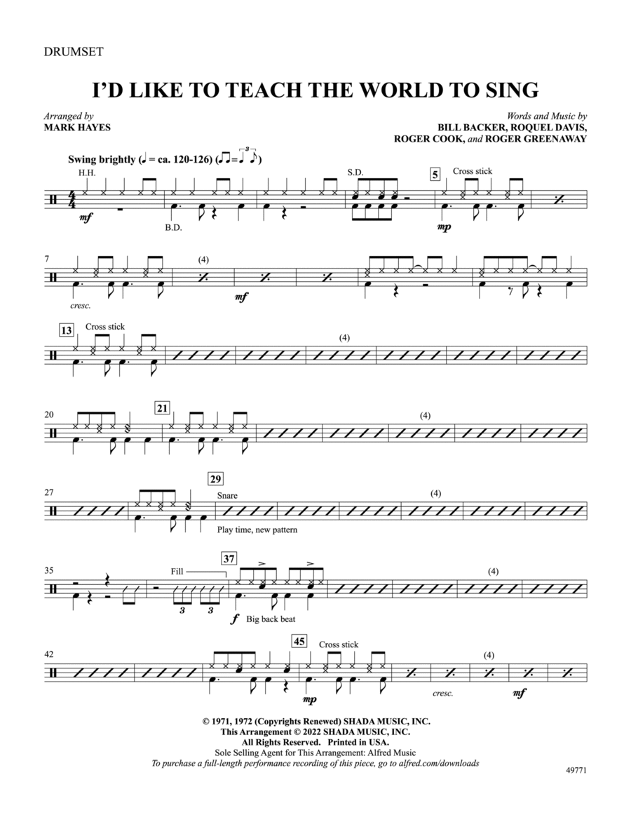 I'd Like to Teach the World to Sing: Drums Part scores gallery preview page 1