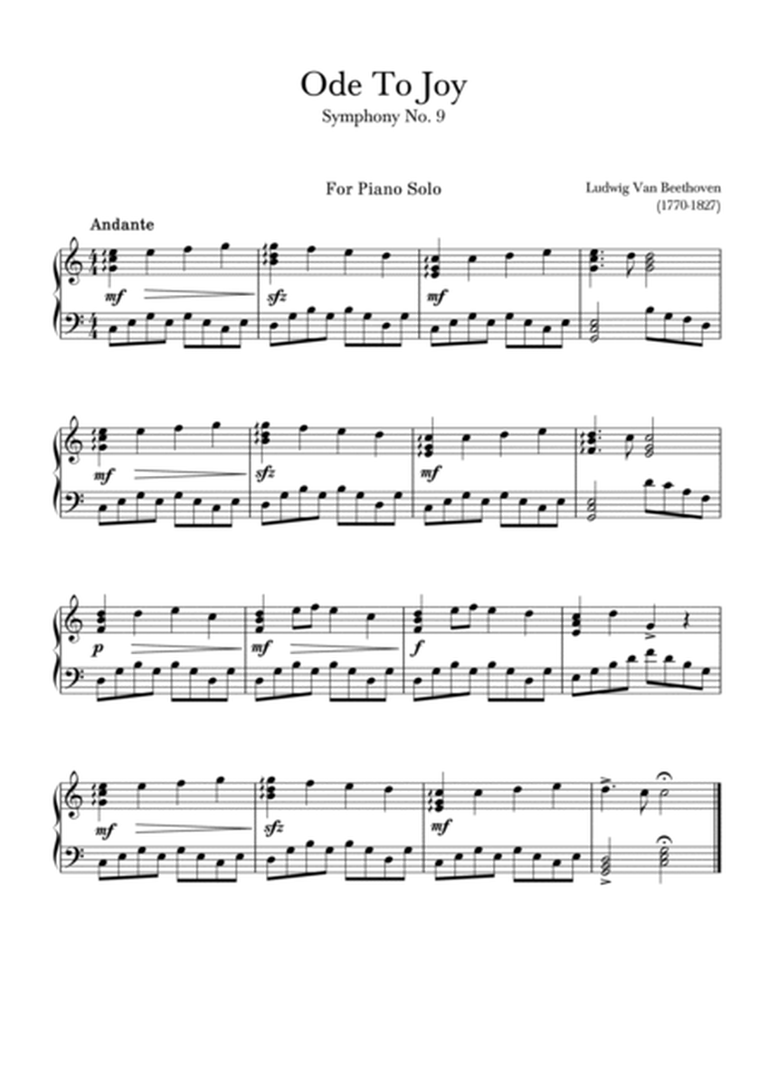 Ode To Joy (Symphony No.9) for Intermediate Piano Solo and Piano Duet image number null