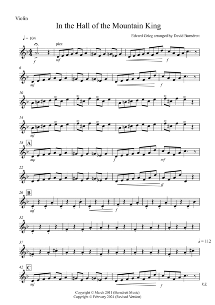 In the Hall of the Mountain King for Violin and Viola Duet