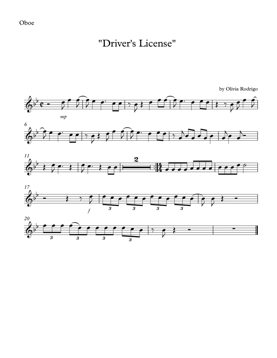 Drivers License Drivers License Oboe Solo scores gallery preview page 1