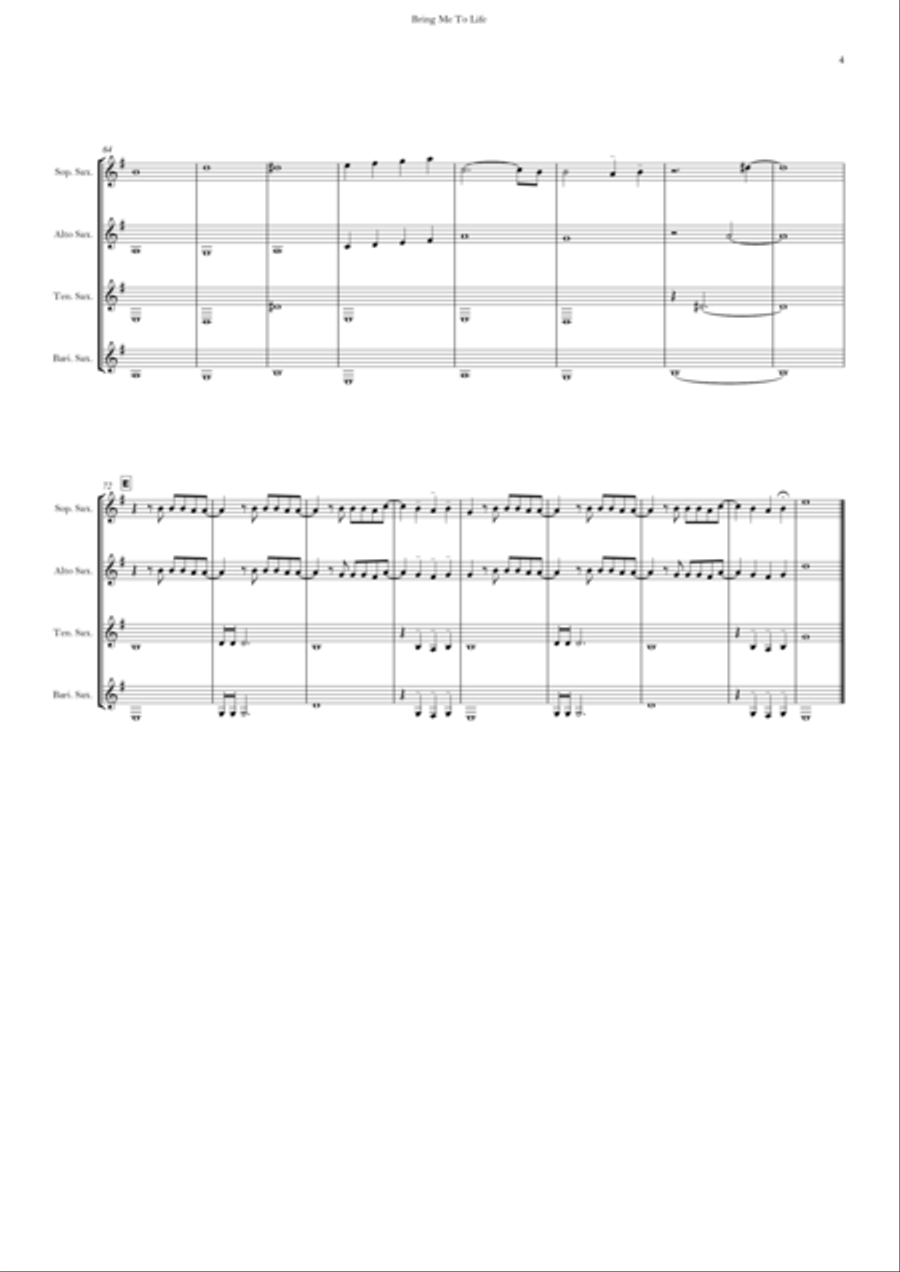 Bring Me To Life Bring Me To Life Saxophone Quartet scores gallery preview page 4