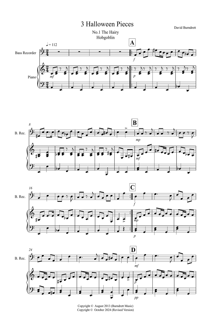 3 Halloween Pieces for Bass Recorder and Piano Bass Recorder scores gallery preview page 1