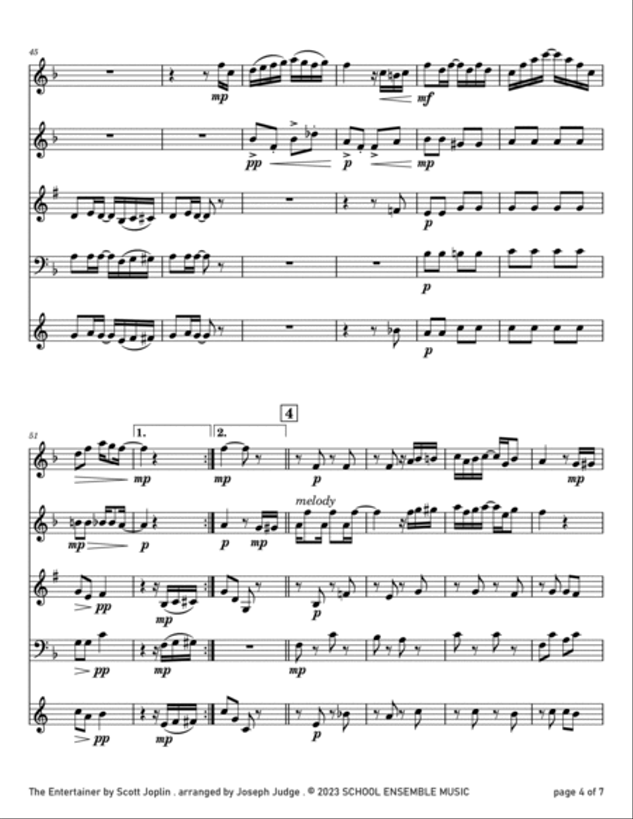 The Entertainer by Scott Joplin for Woodwind Quartet in Schools Woodwind Quartet scores gallery preview page 4