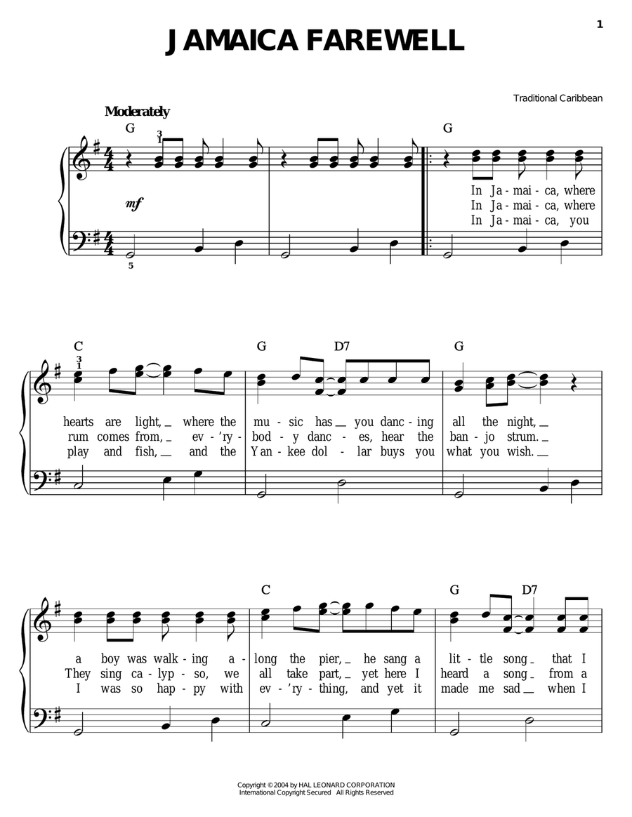 Jamaica Farewell Easy Piano scores gallery preview page 1