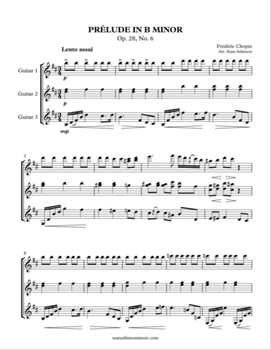 Chopin Prelude in B minor - Guitar Trio Guitar Ensemble scores gallery preview page 1