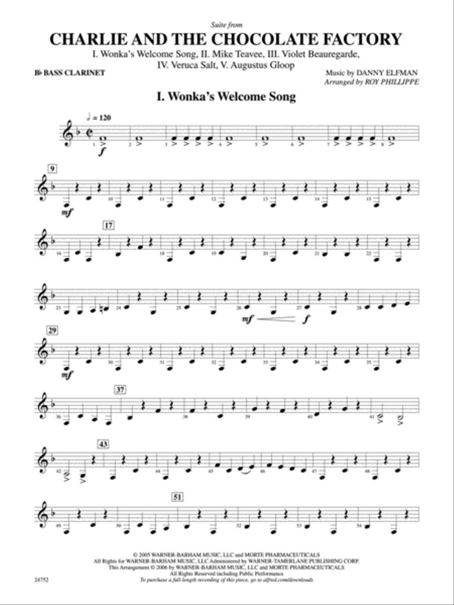 Charlie and the Chocolate Factory, Suite from: B-flat Bass Clarinet Concert Band scores gallery preview page 1