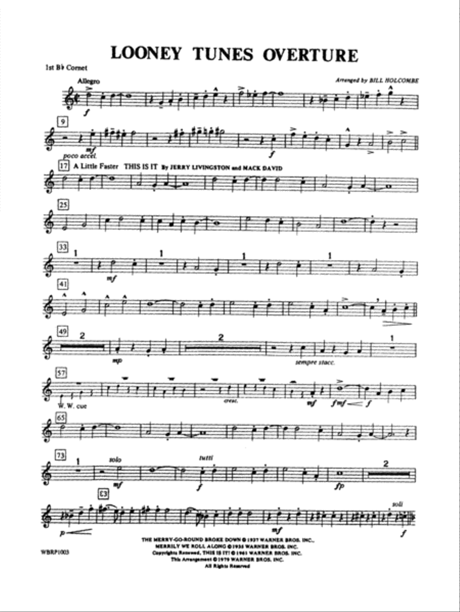 Looney Tunes Overture: 1st B-flat Cornet Concert Band scores gallery preview page 1