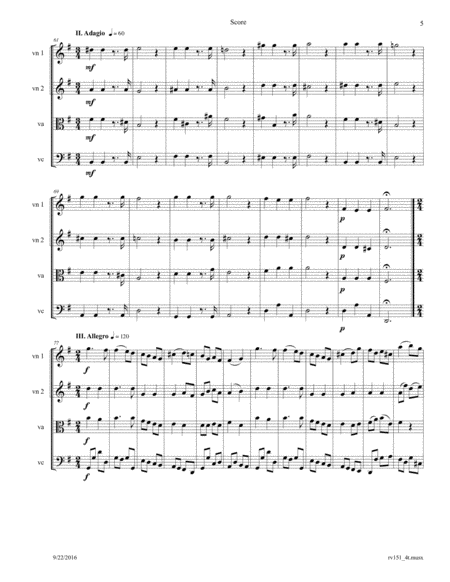 Vivaldi: Concerto for Strings in G, RV 151 "Alla Rustica" arr. for String Quartet image number null