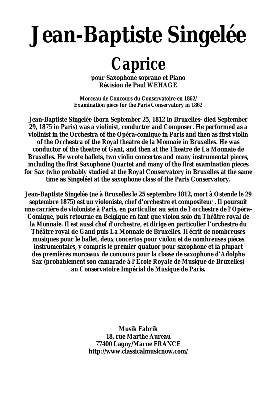 Jean-Baptiste Singelée - Caprice for Soprano saxophone and piano Soprano Saxophone scores gallery preview page 1