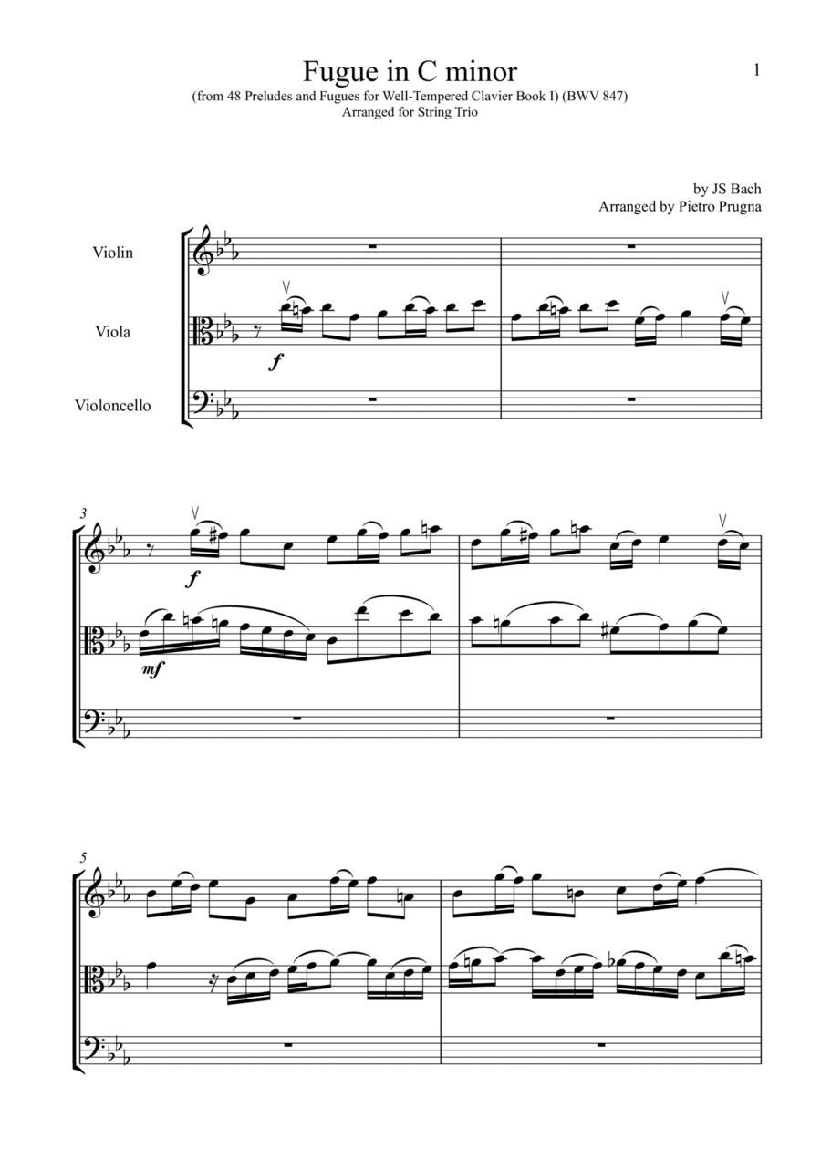 Fugue in C minor (BWV 847) from Well Tempered Clavier Book 1 - by JS Bach - arranged for String Trio String Trio scores gallery preview page 1