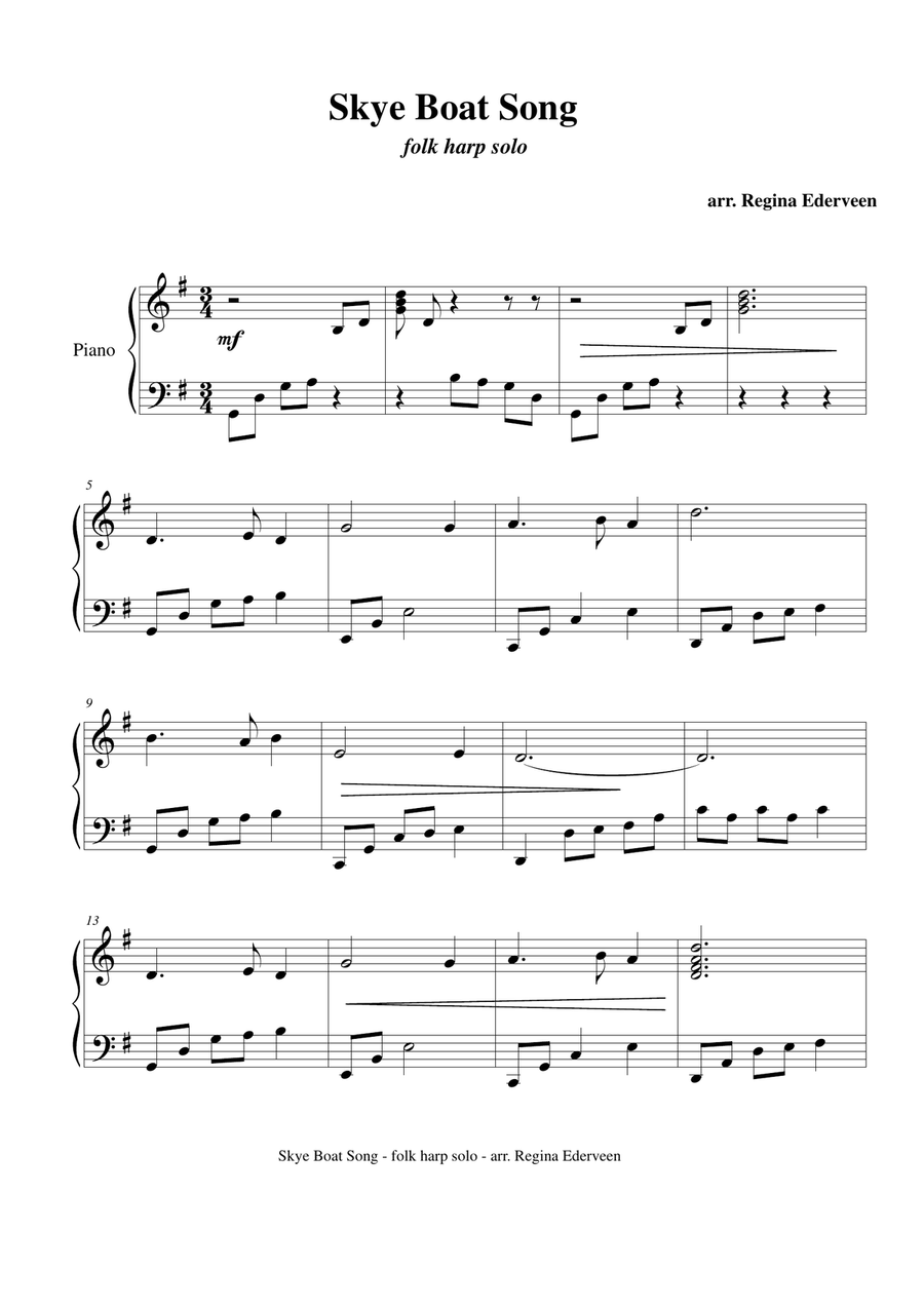 Skye Boat Song - folk harp solo Celtic Harp scores gallery preview page 1
