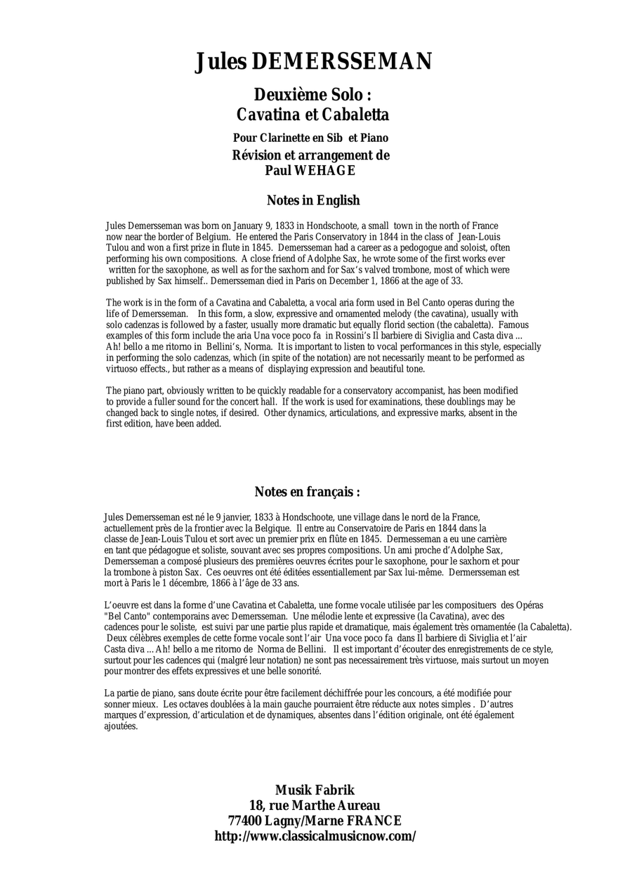 Jules Demersseman : Deuxième Solo : Cavatina et Cabaletta for clarinet in Bb and piano B-Flat Clarinet scores gallery preview page 1