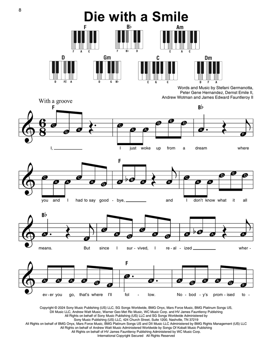 Die With A Smile Easy Piano scores gallery preview page 1