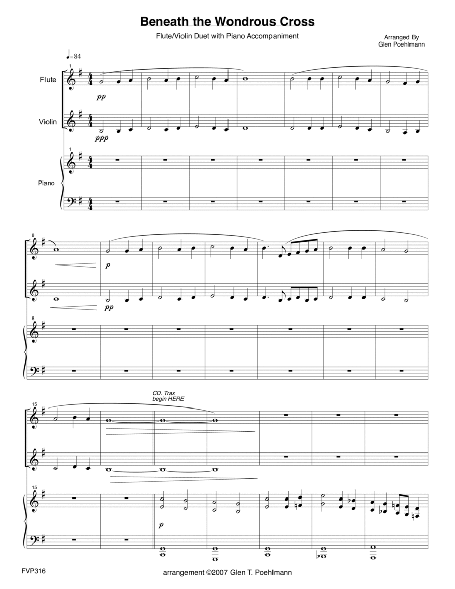BENEATH THE WONDROUS CROSS - FLUTE & VIOLIN DUET with Piano Accompaniment Flute scores gallery preview page 1