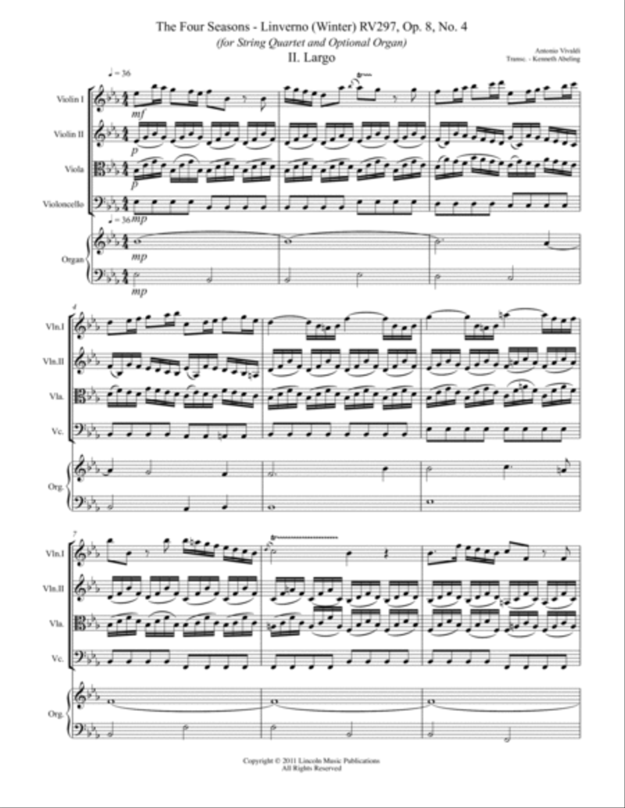 Vivaldi – L’inverno “Winter” 2. Largo from The Four Seasons - (for String Quartet) String Quartet scores gallery preview page 2