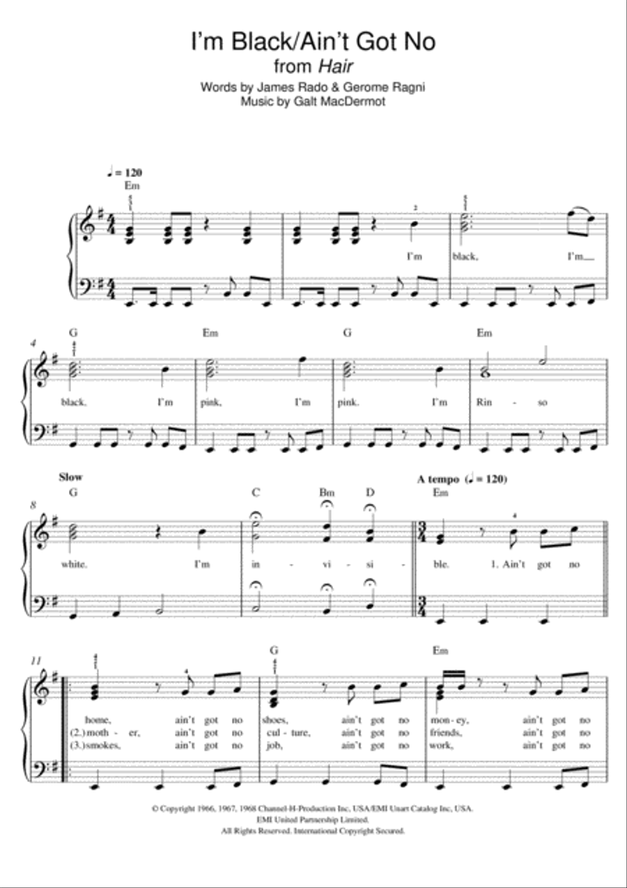I'm Black/Ain't Got No (from 'Hair') Easy Piano scores gallery preview page 1