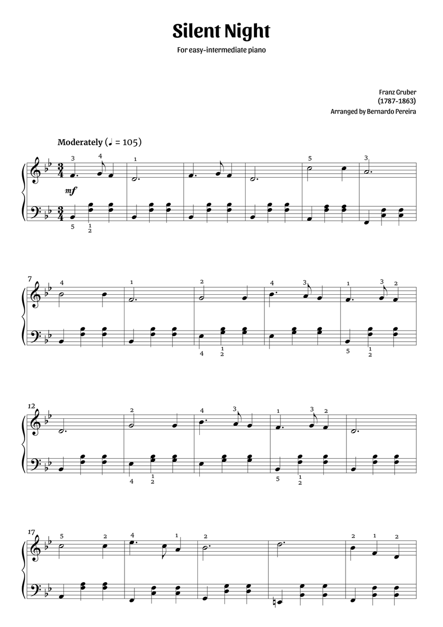 Silent Night (easy-intermediate piano – clean with fingering) Piano Solo scores gallery preview page 1