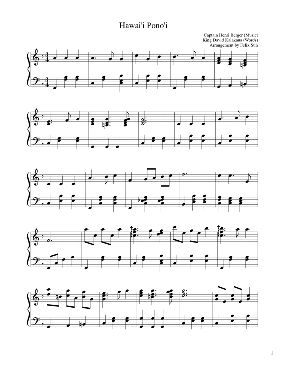 Hawaii Ponoi (Hawaii State Anthem) - Piano Solo Piano Solo scores gallery preview page 1