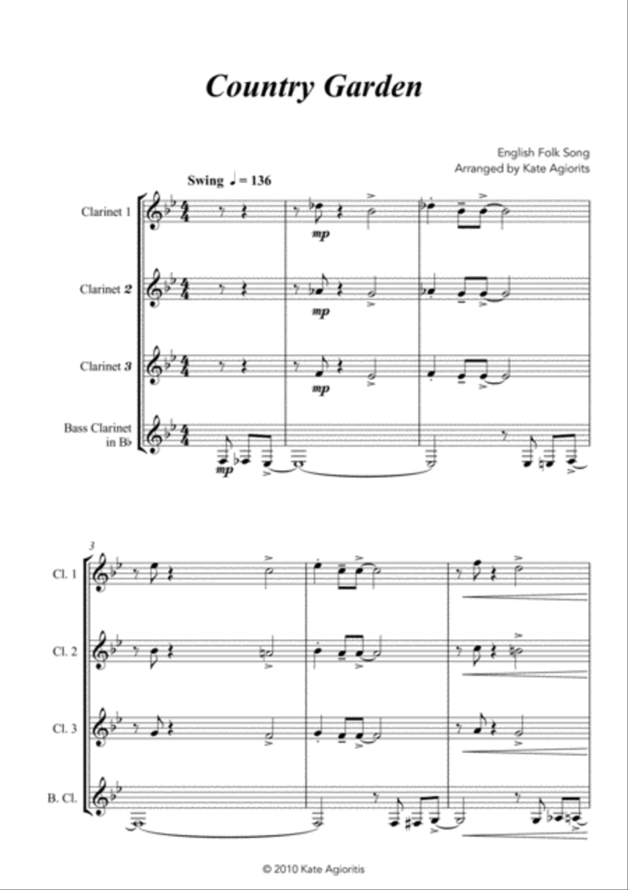 Country Garden - Jazz Arrangement - For Clarinet Quartet image number null