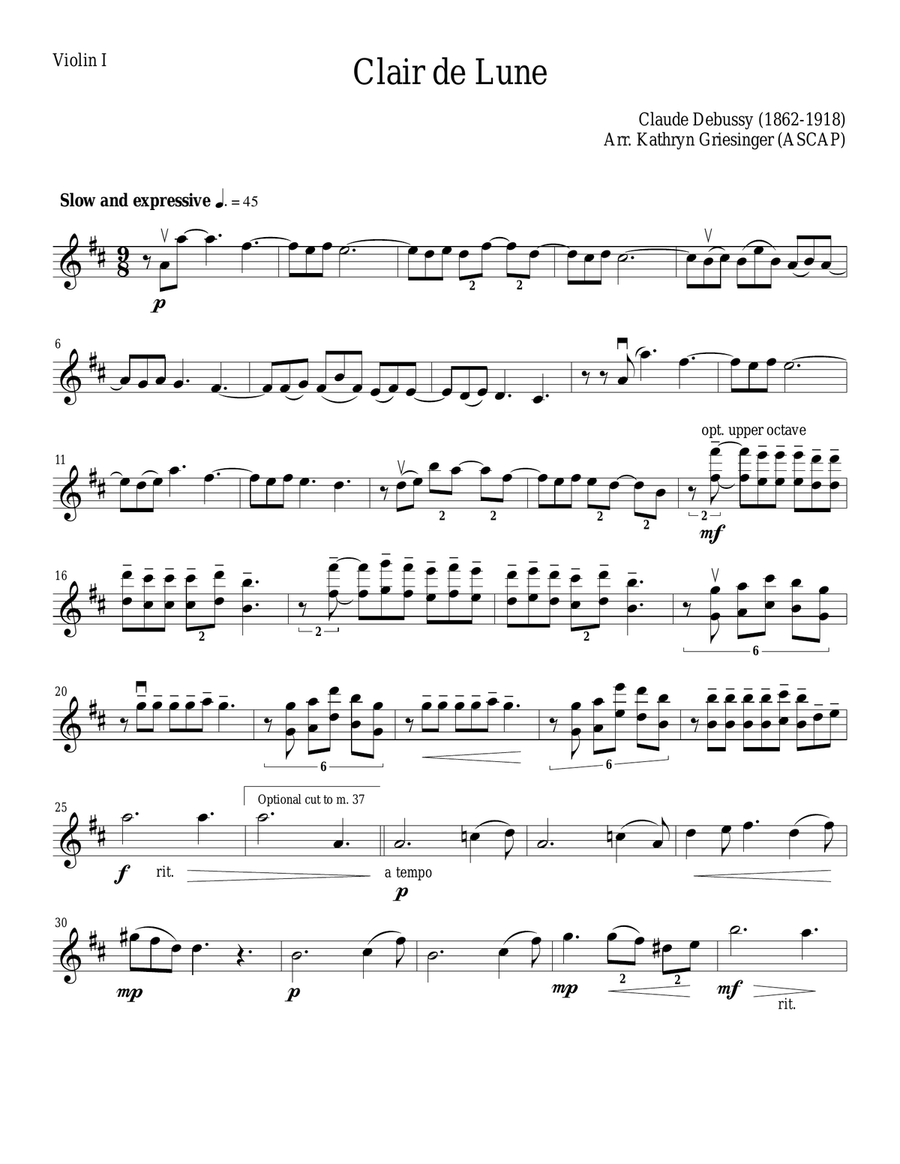 Clair de Lune (Debussy) Easy String Quartet or Quintet String Quartet scores gallery preview page 1