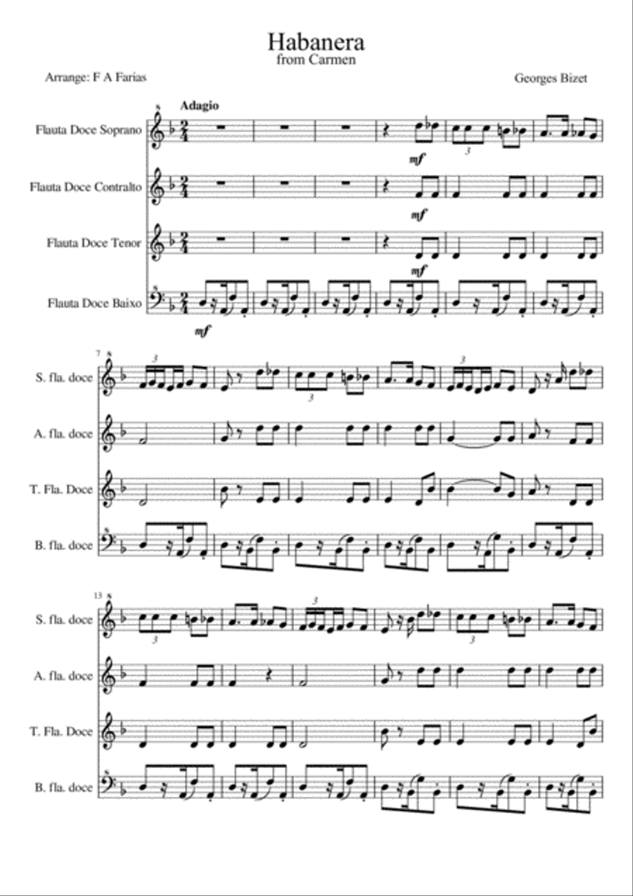Habanera de Bizet para Quarteto de Flauta Doce (Soprano, Contralto, Tenor e Baixo) Woodwind Quartet scores gallery preview page 2