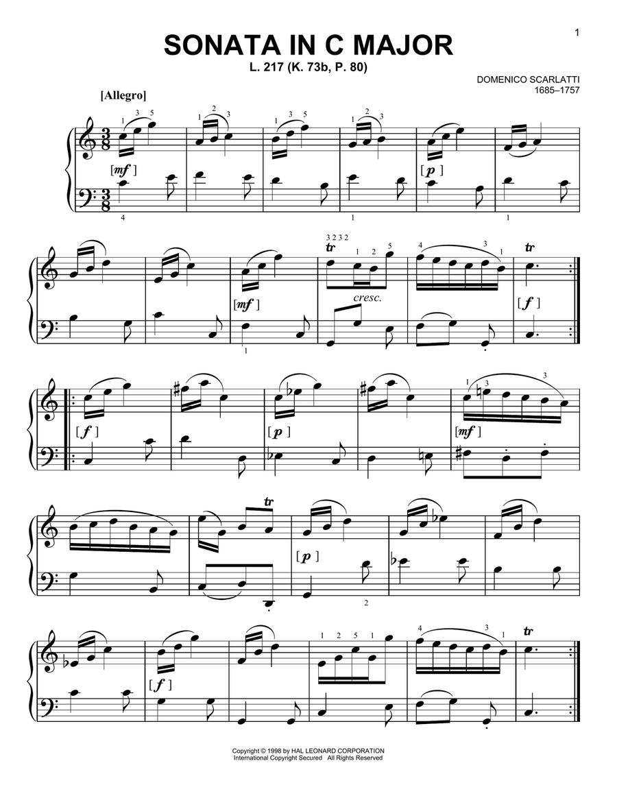 Sonata In C Major, L. 217 Easy Piano scores gallery preview page 1
