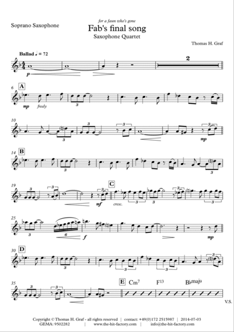 Fab's final song - Ballad - Saxophone Quartet Saxophone Quartet scores gallery preview page 5
