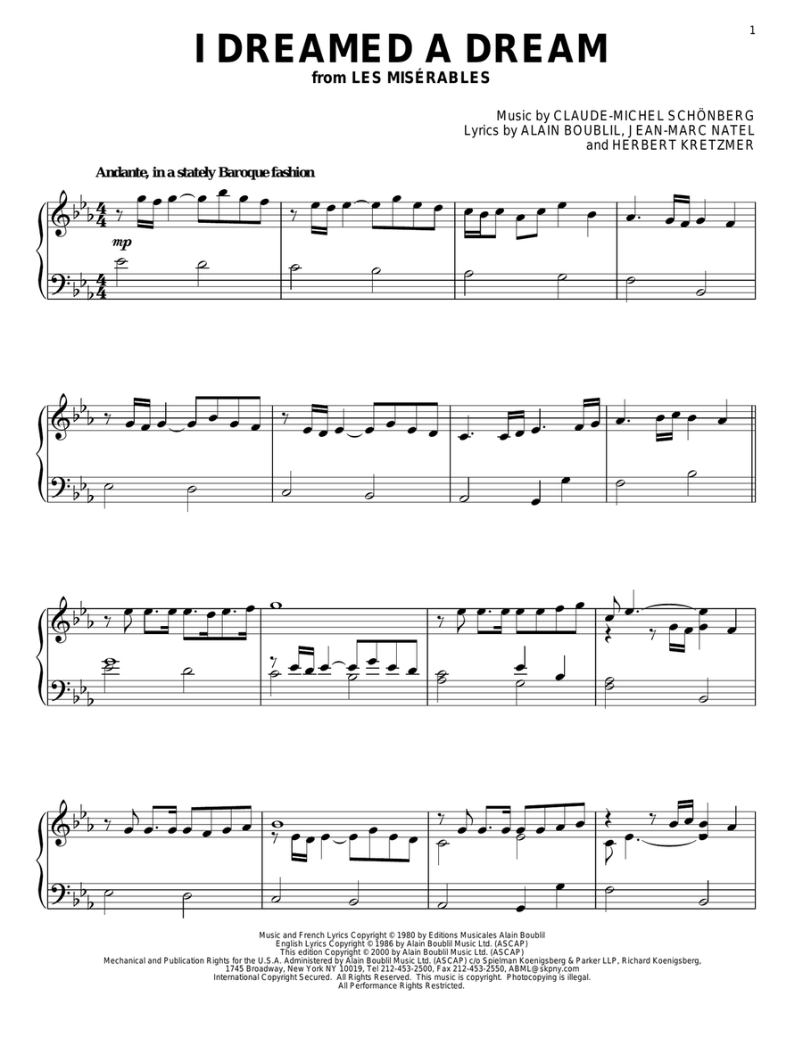I Dreamed A Dream Piano Solo scores gallery preview page 1