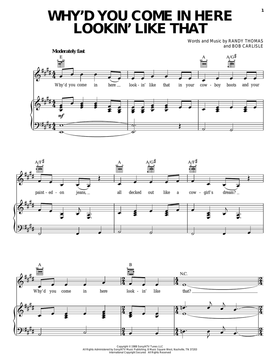 Why'd You Come In Here Lookin' Like That Piano, Vocal, Guitar scores gallery preview page 1