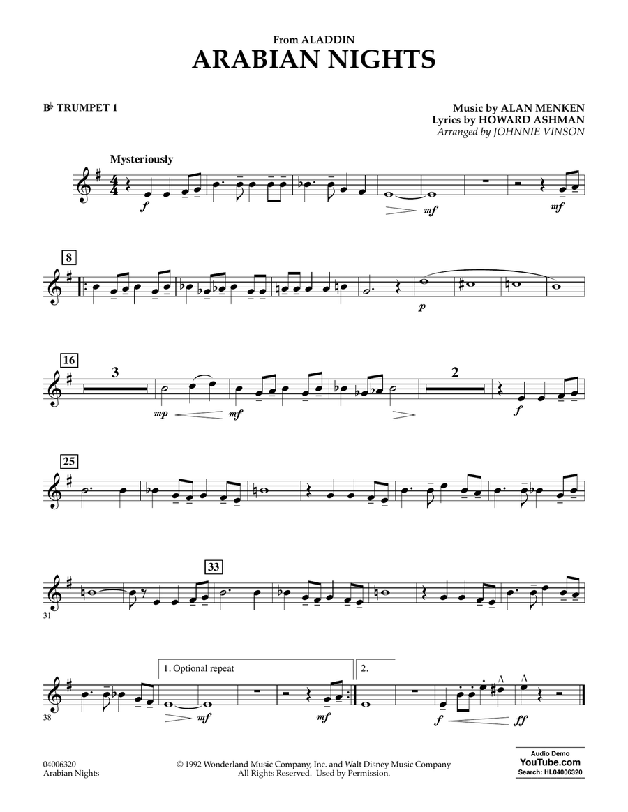Arabian Nights (from Disney's Aladdin) (arr. Johnnie Vinson) - Bb Trumpet 1 Concert Band scores gallery preview page 1