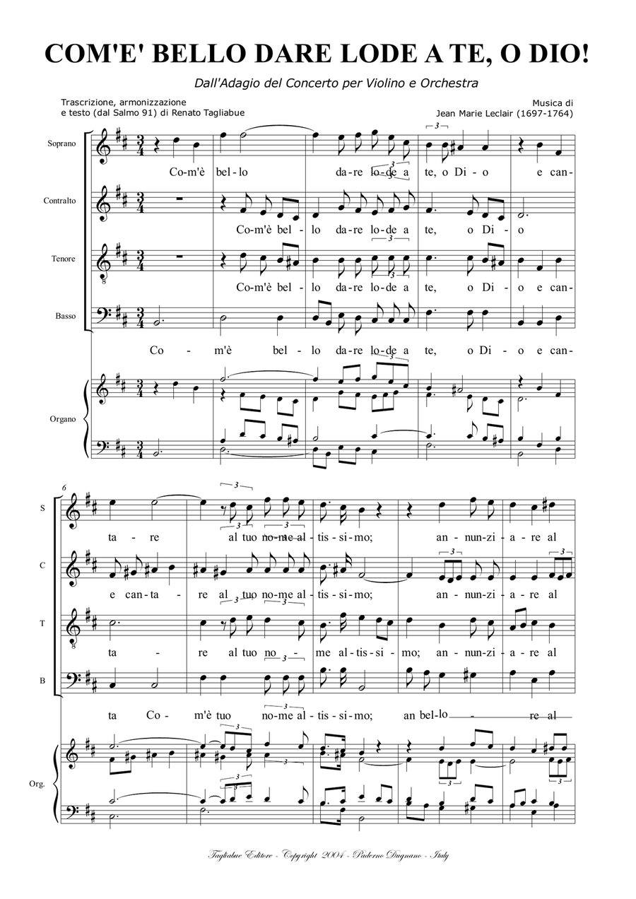ADAGIO - Com'è bello dare lode a te, o Dio - Leclair - Arr. for SATB Choir and Organ 4-Part scores gallery preview page 1