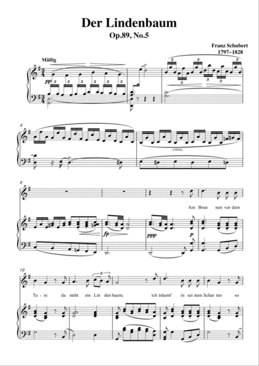 Schubert-Der Lindenbaum,Op.89,No.5 in G for Vocal and Piano Voice scores gallery preview page 2