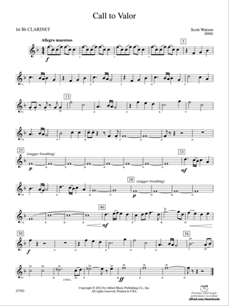 Call to Valor: 1st B-flat Clarinet Concert Band scores gallery preview page 1