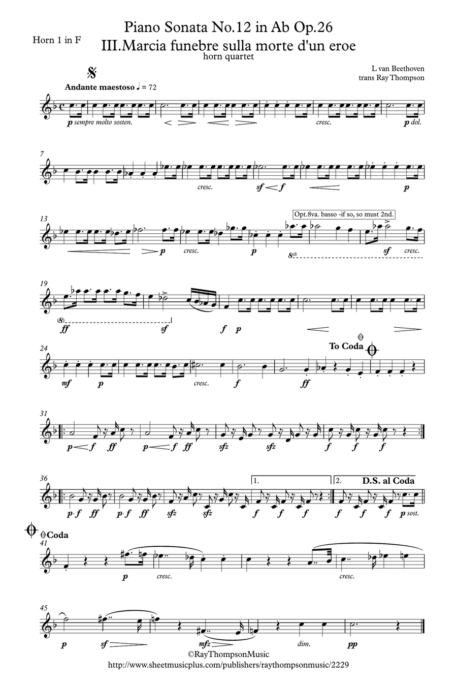 Beethoven: Piano Sonata No.12 in Ab Op.26 Mvt.III Funeral March for a dead hero - horn quartet Brass Quartet scores gallery preview page 5