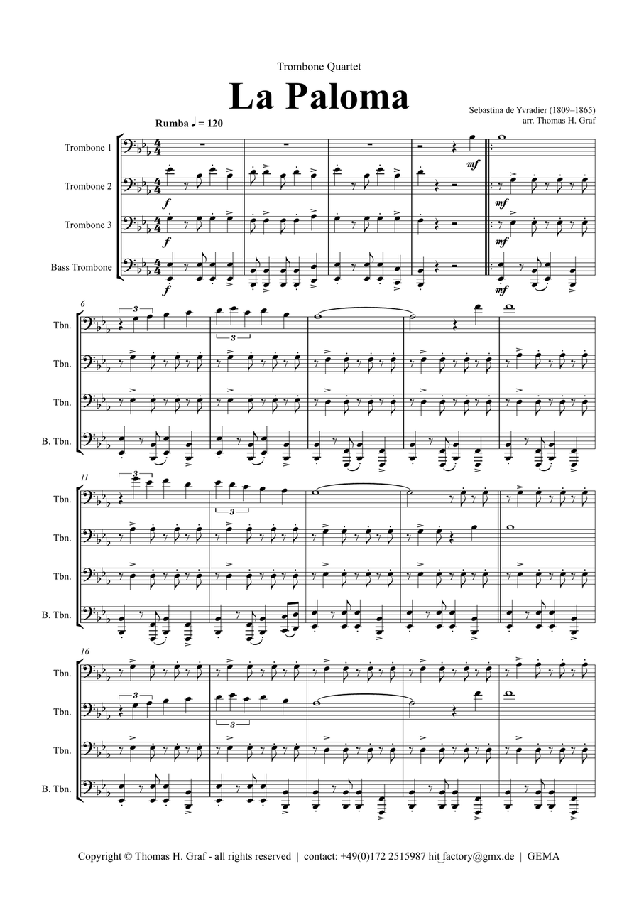 La Paloma - Spanish Habanera - Trombone Quartet Brass Ensemble scores gallery preview page 1