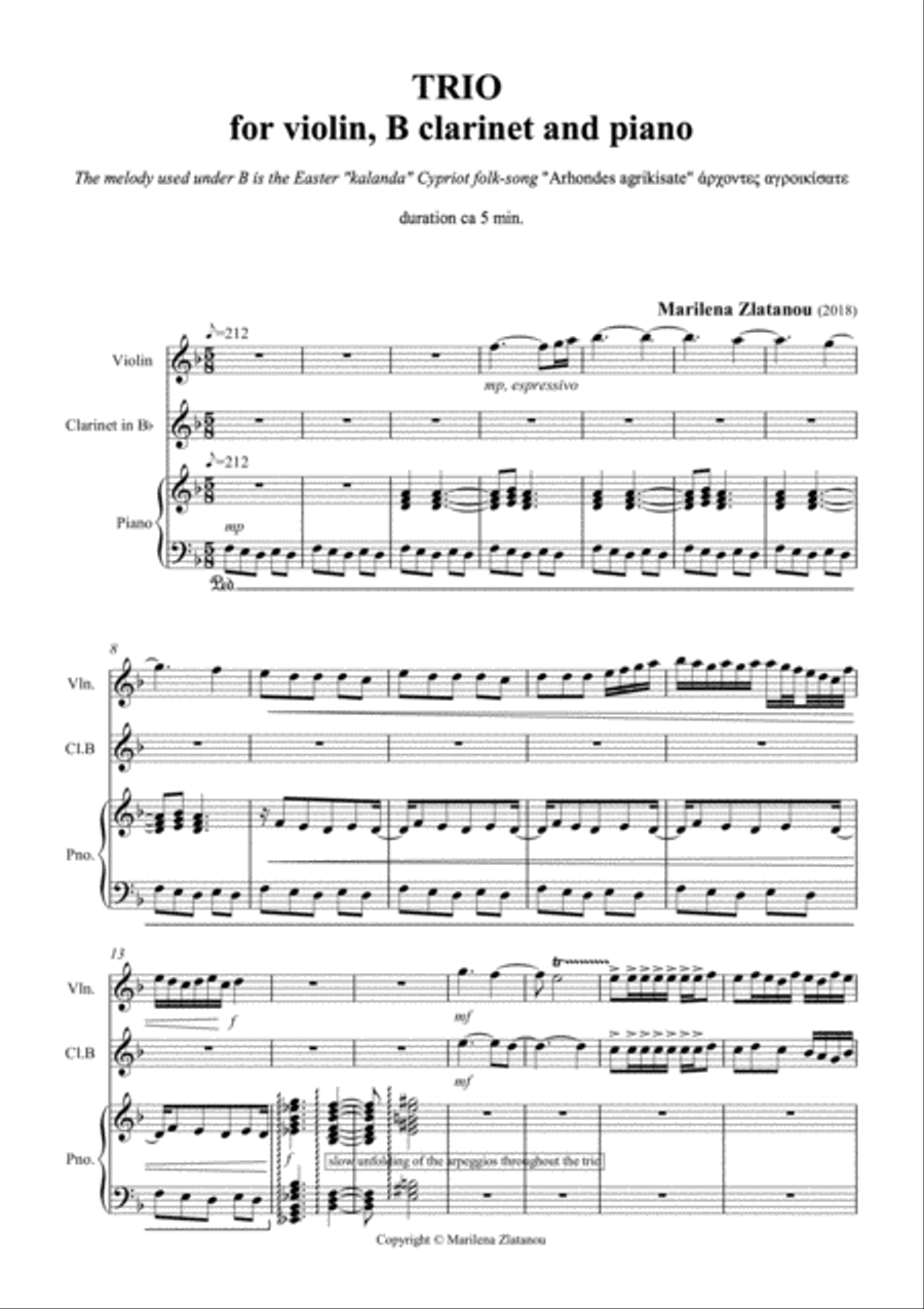 TRIO for violin, Clarinet in B and piano Clarinet scores gallery preview page 1