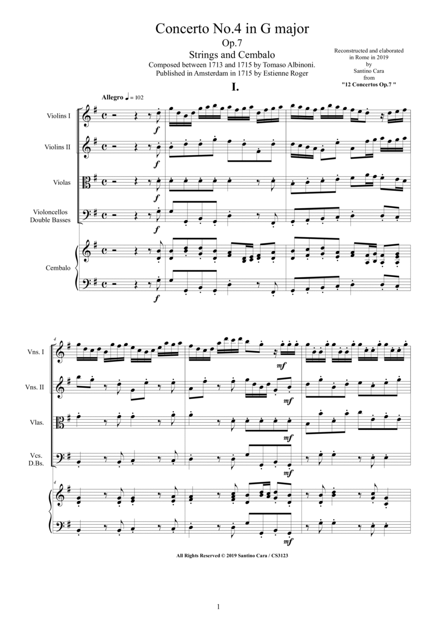 Albinoni - Concerto No.4 in G major Op.7 for Strings and Cembalo Chamber Orchestra scores gallery preview page 1