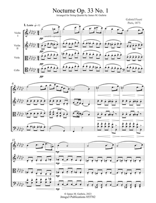 Fauré: Nocturne Op. 33 No. 1 for String Quartet - Score Only
